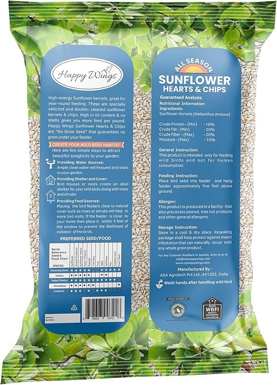 Happy Wings 10LB Sunflower Heart & Chips (Kernels) Bird Food, No Waste | No Mess Feeding, High in Oil & Protein, High Fat & Energy Content, USDA & BRC-GS Approved, Cardinals, Chickadees, Finches - size: 5 Pound (Pack of 2)
