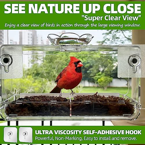 WENMIXER Window Bird Feeder with Non-Marking Self-Adhesive Hooks, Clear and Transparent, Outdoor Wild Bird Watching Gift, Garden Decor (Standard) - style: Standard