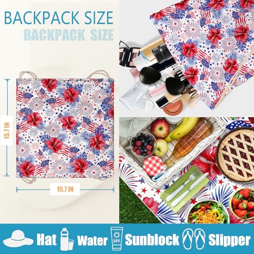 American Flag Beach Towel Bag - Blue Red Flower Microfiber 2 In1 Beach Blanket Drawstring Bag for Holiday Travel - color: American Flag Red