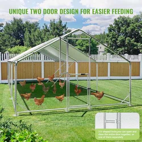 Large Metal Chicken Coop Runs for Yard with Cover, 10x26x6.5 | Perch Bars, Split Doors, Waterproof Covers, Mesh Wire - color: Spire Top, size: 315.0"L x 118.1"W x 78.7"H
