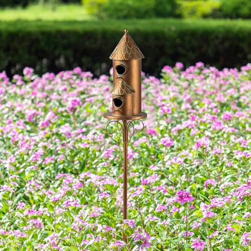 Glitzhome Birdhouses for Outdoors, Bird Houses for Outside, 53" H Farmhouse Faux Copper 2-Tiered Distressed Metal Bird House Decorative Garden Birdhouse with Stake