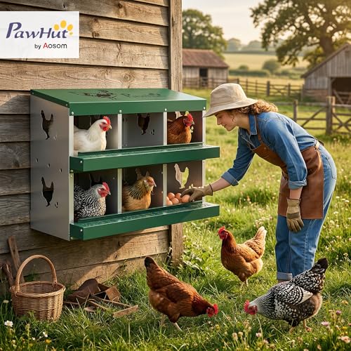 PawHut Chicken Nesting Boxes 6 Compartment for Hens Ducks, Silver | Two-Tier Egg Laying Boxes, Vented Holes, Easy Egg Collection, Metal Nesting Boxes for Chickens - size: 34.1"L x 18.9"W x 34.1"H, style: Roll Away