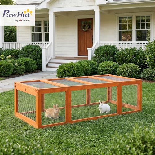 PawHut Large Wooden Rabbit Hutch Bunny Hutch Small Animal Habitat Enclosure Outdoor Run and Lockable Doors, Natural | Small Animal Habitat Enclosure Outdoor Run, Lockable Doors, for Chickens, Ducks - color: Natural