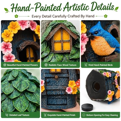 Bird Houses for Outside, Resin Hanging Birdhouse for Outdoors, Hand-Painted Waterproof Wild Bird Nesting Box for Wren Finch Chickadee, Garden Patio Yard Decorative
