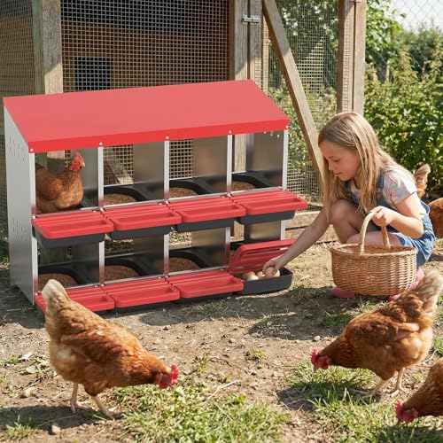 Garvee 8-Hole Chicken Nesting Box with Removable Lid, Metal Chicken Coop with Roll Away Design/Easy Egg Collection/Ventilation Holes, for Chicken Coops, Duck Coops and Hens (RED) - color: RED, size: 8-Hole