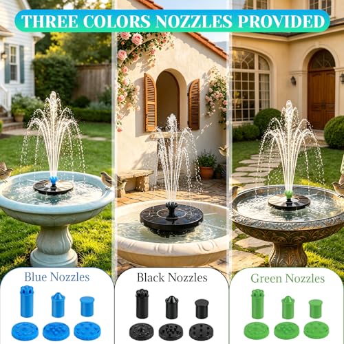 Yeomi 1.5W Solar Fountain, Solar Water Pump with 18 Nozzles in 3 Colors | Solar Bird Bath Fountain for Small Pond Patio Outdoor Landscape Decoration - Black + Blue + Green Nozzles - color: 1.5w Solar Fountain + Black&&blue&green Nozzles