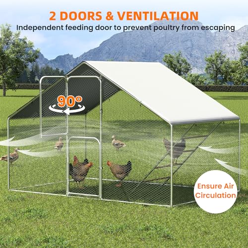 UDPATIO Large Metal Chicken Coop Walk in, Outdoor Heavy Duty Chickens Pen Run w/Cover for 10-15 Chickens - Predator Proof Poultry House | Double Feed Door UV-Resistant Cover Galvanized Outdoor Cage for Bird Duck Rabbit Hen 6-10 Silvery-metal 1PCS - size: