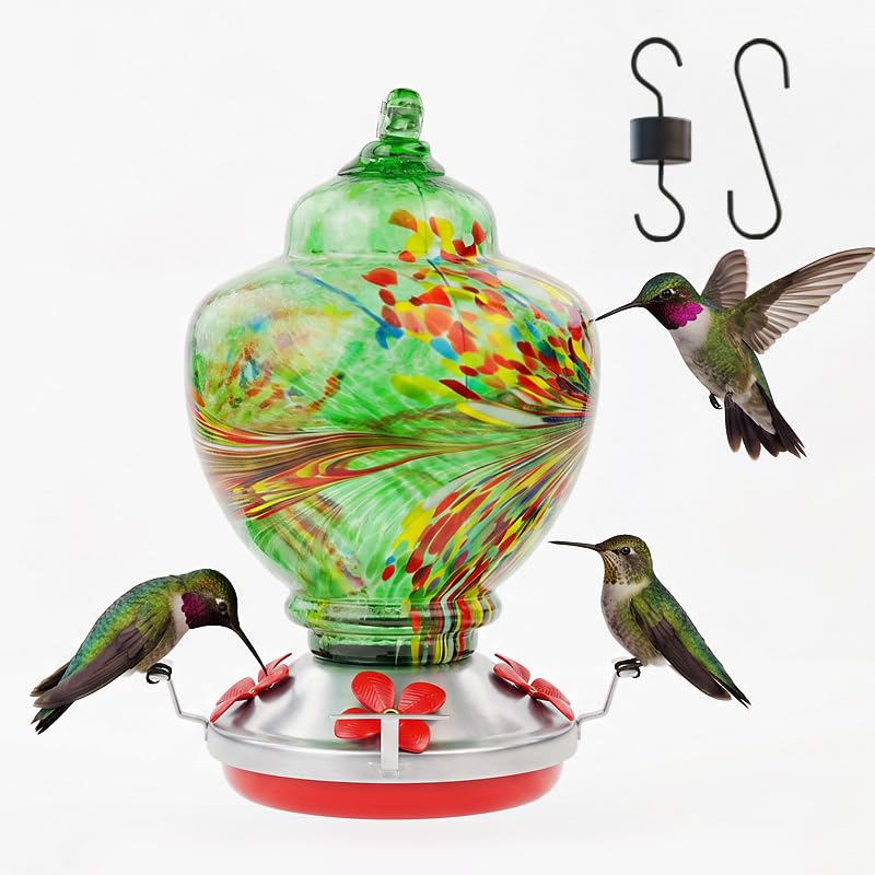 Hummingbird Feeder Colorful Blown Glass Outdoor Hummingbird Feeder with Ant Moat and 5 Feeding Ports for Outdoors Hanging Garden Decor, Bird Lovers (Green-2) - color: Green-Phoenix