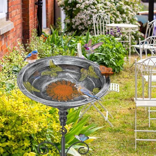 35In Bird Bath for Outside, Vintage Metal Birdbaths & Birdfeeder with 5 Prong Bases for Outdoors, Freestanding Bird Feeder Bowl with for Garden Yard Lawn Decor (Vintage Silver) - color: Vintage Silver