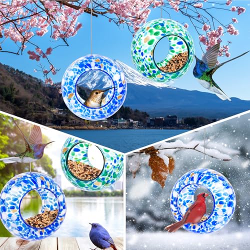 Patelai 2 Pcs Bird Feeder Mosaic Glass Hanging Bird Feeder Round Birdfeeder Fly Through Balcony Birdfeeder for Backyard Window Outdoor Garden Deck Porch Decorations, 6 Inch (Cute) - style: Cute