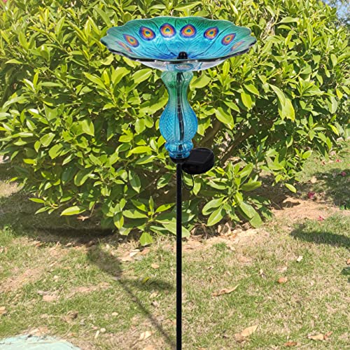 John's Studio Peacock Bird Bath for Outdoor - Glass Bowl Solar Light Cage Outside Dish Bird Feeder with Metal Stake for Garden, Yard and Patio - 32 inches - color: Peacock Stake
