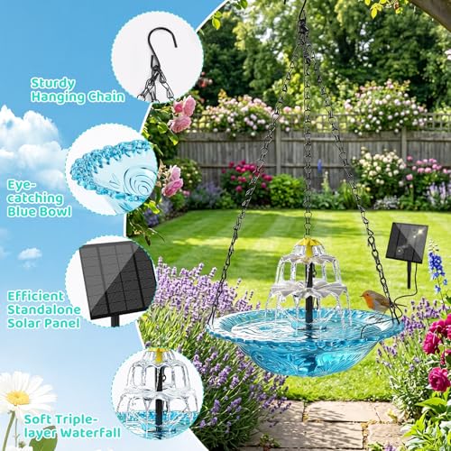 Solar Hanging Bird Bath Fountain, Solar Powered Cascading Water Fountain, Outdoor Hanging Bird Bath with Solar Fountain for Garden, Patio, Backyard