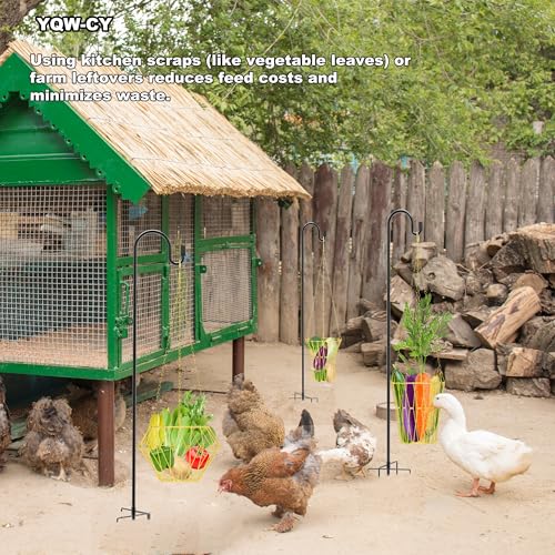 Hanging Chicken Feeder with Shepherd's Hook, Foldable Chicken Vegetable Feeder, Golden Poultry Fruits Feeding Holder Basket with Hanging Chain for Chicken Coop Accessory