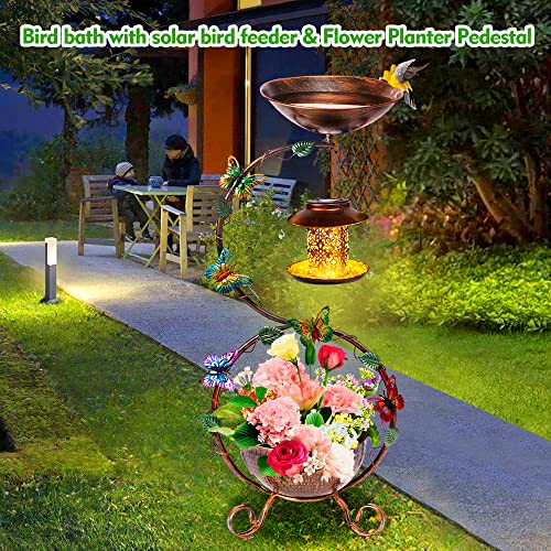 YADOOLIFE 37.8" Bird Bath and Solar Bird Feeders Combo with Flower Planter Pedestal, Metal Bird Baths for Outdoors, Decorative Birdbath with Butterfly for Outside Garden Yard, Weather Resistant