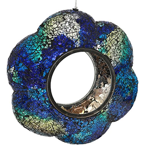 Sunnydaze Mosaic Glass Bird Feeder, Fly-Through, Indigo Flower Mosaic | 10" Small Unique Hanging Bird Feeder for Outdoors, Drainage Hole, Weather-Resistant, Birdfeeder for Cardinals, Jays, Finches - color: Indigo Flower Mosaic