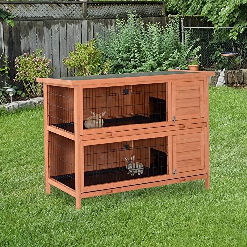 PawHut 54" 2-Story Large Rabbit Hutch Bunny Cage Wooden Pet House Small Animal Habitat with Lockable Doors, No Leak Tray and waterproof Roof for Outdoor/Indoor Orange | Wooden Pet House, Small Animal Habitat, No Leak Tray, Waterproof Roof, for Chickens Du