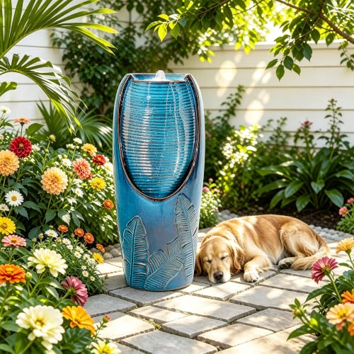Autodaya 33" H Ceramic Jar Outdoor Water Fountain, Banana Leaf-Texture | Artisan High-Fired Glaze, Warm Ambient LED Lighting, Upgraded Pump, Soothing Cascading Water Feature For Garden Patio Yard - color: 32"h-leaf Pattern Teal Blue Glaze