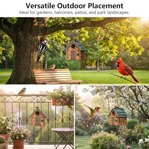 Bird Houses for Outside, with Hanging Chain, Wood-Look Resin Waterproof | Practical Birdhouses for Outdoors, Decorative Bird Cage, Garden Decor for Hummingbird, Bluebird, Cardinal and Other Bird - style: Wood-Look