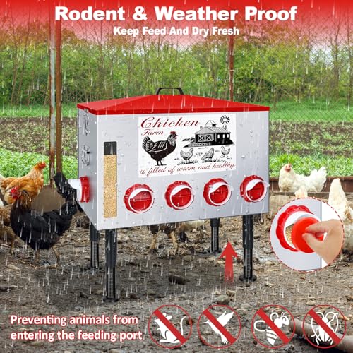 100Lb Automatic Chicken Feeder with Window 8 Port No Waste Rust-Proof Galvanized Steel with Locking Lid & Adjustable Height Legs Waterproof Portable Poultry Feeder for Chickens,Ducks,Geese