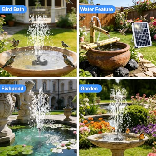 12W Solar Fountain Pump for Water Feature Outdoor DIY, Solar Water Fountain 132 GPH with 9.84FT Power Cable, 6 Spray Nozzles, 3.28FT DIY Tubing for Garden, Pond, Bird Bath - color: Black