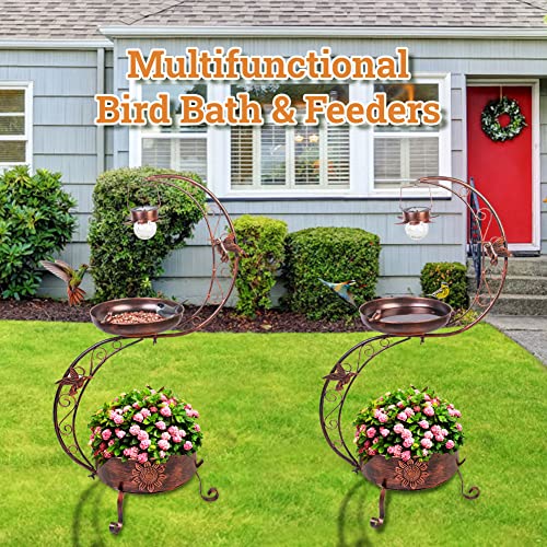 VEWOGARDEN S Bird Baths for Outdoors Metal Standing Bird Bath with Solar Lamp Vintage Garden Birdbaths with Flower Planter Pedestal(36" H * 19.6" W) - color: Antique Bronze