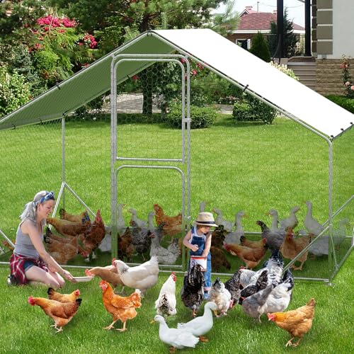GarveeTech 6.6FT Height Walk-in Chicken Coop Metal, Large Chicken Run with Split Door, Triangular Brackets, Waterproof & UV Resistant Cover, Multi-Pet Outdoor Cage, Duck Houses for Outside Farm Yard - size: 6.5'L × 9.8'W × 6.6'H