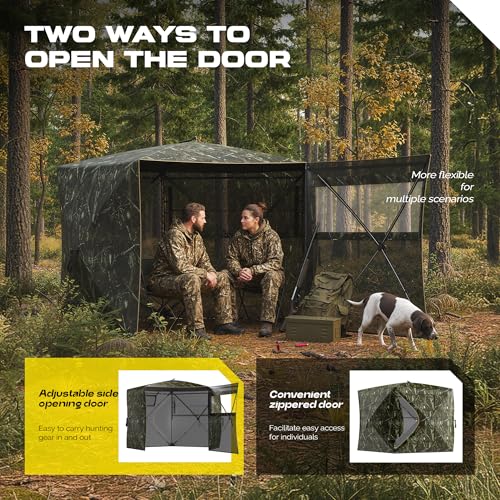 Hunting Blind, See Through Pop Up Ground Blind for Deer Hunting, Portable Camouflage Hunting Tent with Silent Sliding Windows, Durable Hunting Shelter with Carry Bag for Deer Turkey Duck - style: 288 Degre,3-4 Person