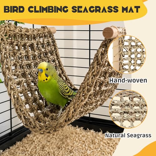 FlidRunest Extra-Large 21.6x7.8IN Conure Ladder Perch for Cage, Bird Seagrass Ladder Bridge Exercise Stands, Natural Hand-Woven Parrot Net Climbing Chewing Hammock, Cage Accessories for Conure Budgie - size: D(Extra-large Size)