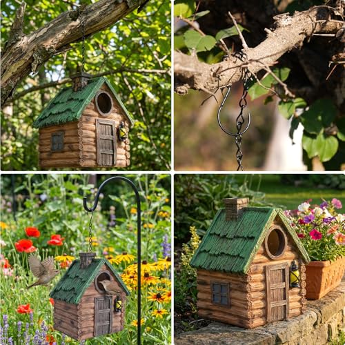 DEWEL Bird Houses for Outside Clearance, Waterproof Resin Birdhouses for Outdoors, Rustic Bird House Garden Backyard Decor, Hanging Bird House for Bluebird Finch Wren Chickadee, Best Gift Choice - color: Brown