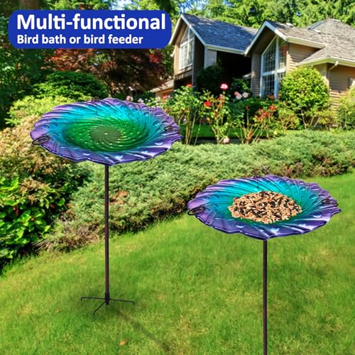 Glass Bird Bath for Outside, Standing Birdbaths with Metal Stake-Colorful | Bird Bath, Birdbaths for Outdoors Bird Feeders Bowl, Ripple Bird Baths Outdoor Décorations, Small Birdbath Bowl - color: Standing Ripple Colorful