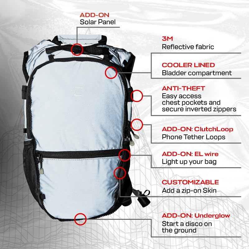 RAVERUNNER® Anti-Theft Hydration Backpack | Festival Approved Rave Backpack for Concert Goers, Leak-Free Festival Water Backpack for EDC, Rave Hydration Pack - color: Reflective