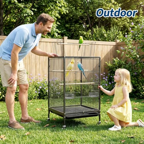 35" h Metal Bird Cage,Large Bird Cage with Play Open Top, Rolling Flight Cage Rolling for Parakeets, Canaries, Lovebirds, Small Quaker, Cockatiels, Budgies