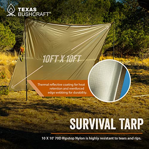 Emergency Camping Tarp, Waterproof 10x10 Emergency Shelter for Backpacking and Hiking, 70D Ripstop Nylon Survival Tarp with Reflective Aluminized Polymer and Loop Ties with Grommets