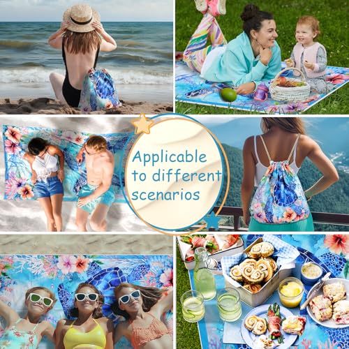 Sea Turtle Beach Towel Bag - Summer Multi-Functional Microfiber Beach Blanket Flower Printed Drawstring Bag for Travel - color: Summer Turtle Blue