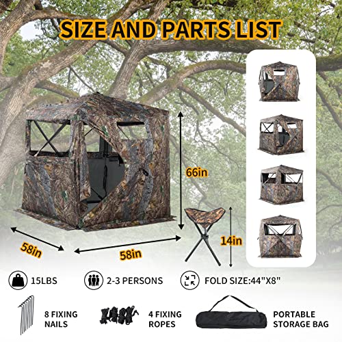 Hunting Blind 270/360 See Through Deer Blind, Pop Up Ground Blind | 2/3/4 Person Camouflage Tent, Portable Concealed Shelter with Carrying Bag, Silent Sliding Windows, Windproof Bottom Layer - size: 2-3 Person & Chair, style: 270