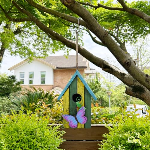 Morning View Bird Houses for Outside Decorative Nest Box Wooden Birdhouse Hanging Spring for Yard Garden Patio Outdoor Small Birds Bluebird Finch Cardinals Wren 9.35 Inch Tall (Green) - style: Butterfly