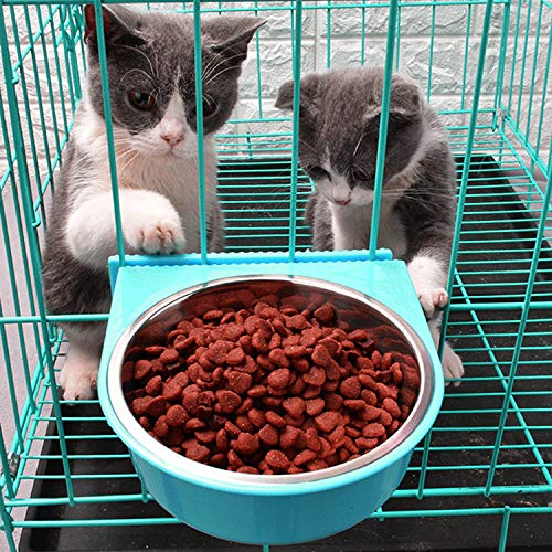 Crate Dog Bowl Removable Stainless Steel Water Food Feeder Bowls Cage Coop Cup for Cat Puppy Bird Pets (Small, Blue with Corrugated Clip) - color: Blue with Corrugated Clip, size: Small