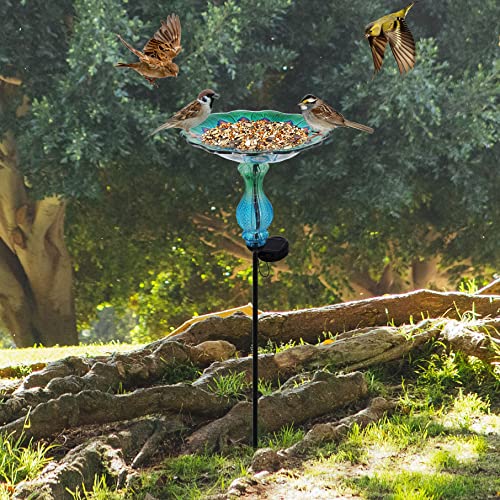 John's Studio Peacock Bird Bath for Outdoor - Glass Bowl Solar Light Cage Outside Dish Bird Feeder with Metal Stake for Garden, Yard and Patio - 32 inches - color: Peacock Stake