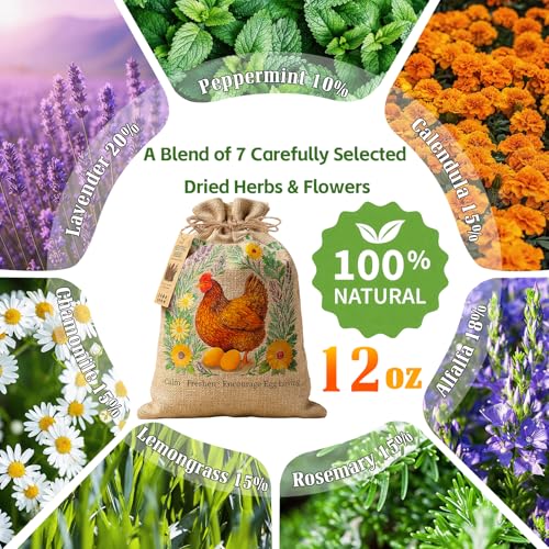 PJT Premium Chicken Nesting Herbs - 12oz Pre-Mixed Blend of 7 Dried Botanicals for Nesting Boxes, Coop & Chicken Dust Bath, Natural Herbal Refresher, Supports Natural Egg Laying - size: 12 Ounce (Pack of 1)
