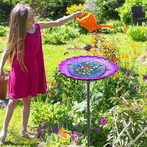 Bee Butterflies Watering Station, Standing Bee Feeder with Glass Marbles for Outside, Bee Bath Feeder with Metal Stakes Butterfly Puddler Garden Yard Déco (Purple) - color: Purple