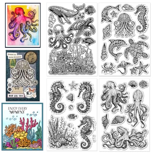 CHGCRAFT 4 Pcs Ocean Theme Pattern Clear Stamps Turtle and Octopus Silicone Stamp Seal for DIY Scrapbooking and Card Making Paper Craft Decor 6.3 × 4.3 Inch - style: Ocean Theme