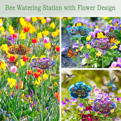 2 Pcs Bee Watering Station, Bee Feeder Bee Waterer Bee Bath for Garden | Metal, Flower-shaped, with Glass Marbles, Detachable, Bee Watering for Outdoor Garden Courtyard Decor - color: 2PCS-Flower