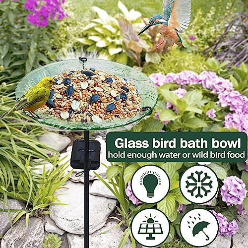 Bird Bath for Outdoors Solar Powered Glass Bird Bath Bowl with Metal Stake for Yard Lawn Garden Decorations, Transparent