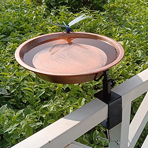 Deck Mounted Bird Bath for Outdoors, 11.5 Inches Metal Birdbath Bowl with Adjustable Steel Clamp, Antique Copper Deck Bird Feeder for Railing Balcony Fence Yard Art Garden Decor