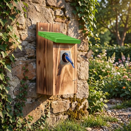Dreyoo 2 Pack Bluebird Box Houses for Outside,1-1/2'' Entrance Hole Wooden Bird Houses with Metal Guard, Secure Latch,Fledgling Grooves,Air Vents for Bluebird Wren Swallow(Green Roof,Burnt Wood Body) - color: Green Roof,Burnt Wood Body