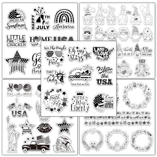 Whaline 5 Sheet 4th of July Clear Stamps Patriotic Silicone Transparent Stamps Border Stamp Cards for 250th Anniversary Independence Day Memorial Day DIY Crafts Card Making Scrapbooking Embossing - style: 4th of July