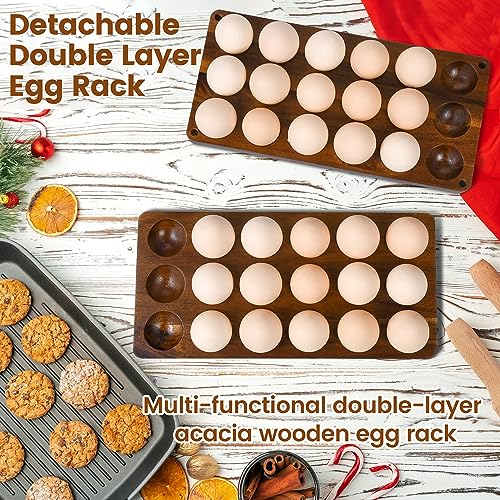 Sishynio 2 Tier Acacia Wood Egg Holder Countertop, 36 Egg Storage Rack | Double Layer Farmhouse Kitchen Egg Tray Organizer; Fresh Egg Storage Rack Basket for Countertop, Fridge, Cabinets and Pantry - style: 2 tier acacia wood egg tray