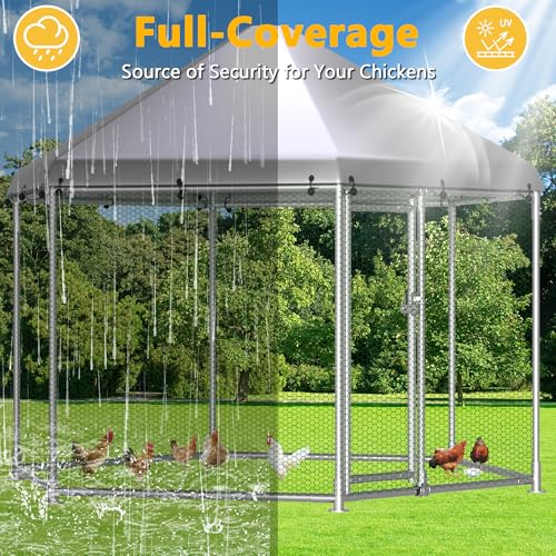 HITTITE Large Metal Chicken Coop with Run, 13.2 x 11.4 x 8.6 ft Walk in Poultry Cage Chicken Run Pen, Hexagonal Roof Outdoor Chicken Runs for Yard with Waterproof & Anti-UV Cover - size: 156.0"L x 156.0"W x 103.0"H