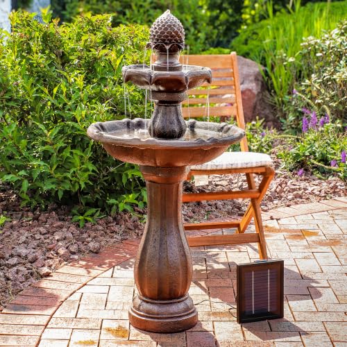 Sunnydaze 46" 2-Tier Solar Water Fountain, Pineapple Top, Rust Finish | Outdoor Solar Garden Fountain for Patio, Yard, Balcony, Easy Assembly, Calming Sound, Durable Polyresin, with Battery Backup - color: Rust