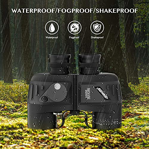 AOMEKIE 10x50 Waterproof Marine Binoculars for Adults with Rangefinder Compass BAK4 Prism FMC Lens for Birdwatching Hunting Boating Fishing Water Sports(Black) - color: Black